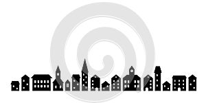 Black and white houses and buildings small town street, vector template illustration