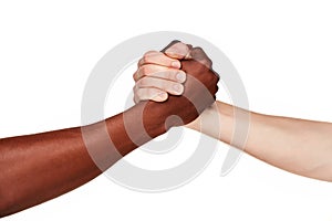 Black and white human hands in a modern handshake