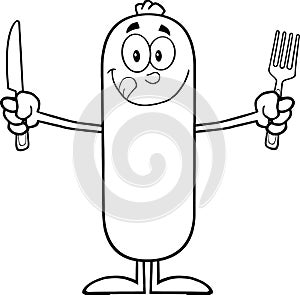 Black And White Hungry Sausage Cartoon Character With Knife And Fork