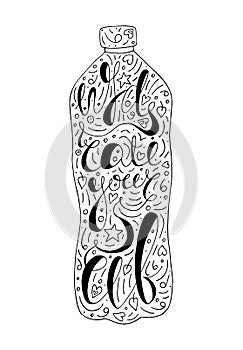 Black and white hydrate yourself typography poster. monochrome vector bottle lettering design. calligraphic bottle silhouette.