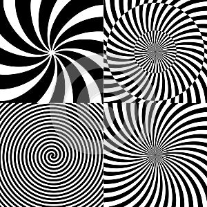 Black and White Hypnotic Psychedelic Spiral with Radial Rays, Twirl Background Collection Set Pattern. Vector