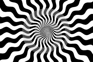 Black and white hypnotic spiral wave rays background. Psychedelic sunburst retro design