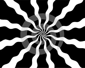 Black and white hypnotic spiral wave rays background. Psychedelic sunburst retro design