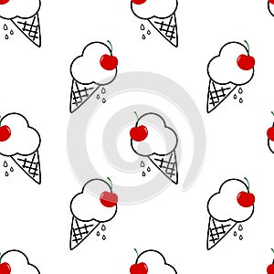 Black and white ice cream with red cherry seamless pattern background illustration