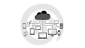 Black and white icon of a cloud connected to various electronic devices computing technology