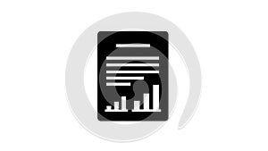 Black and white icon of a document with text and a bar chart on a white background