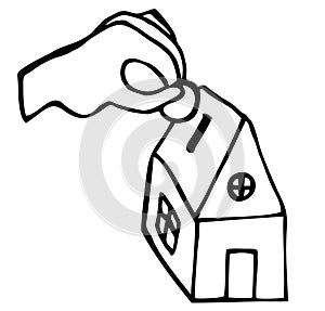 Black and white icon of a hand investing coins in a house, real estate investment concept, vector illustration