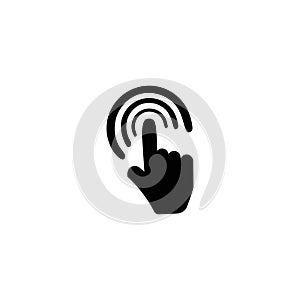 Black and white icon. Hand pointing to something or pushing a button.