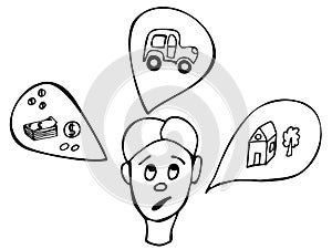 Black and white icon of a man`s head, he thinks about money, house and car.