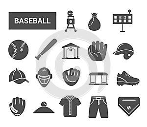 Black white icon set baseball equipment symbols