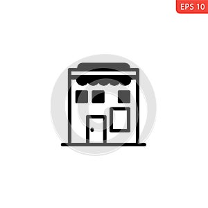 Black and white icon of a small building with a flat roof. Features include a door