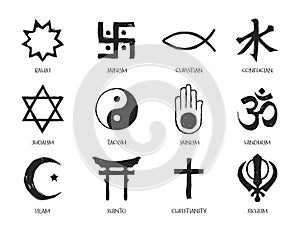 Black and white icons representing various world religions and spiritual philosophies photo