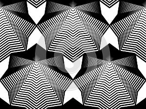 Black and white illusive abstract seamless pattern with geometric figures. Vector symmetric simple backdrop.