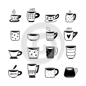 A black and white illustrated doodle collection of adorable kawaii mugs and cups designs.