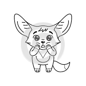 Black and white illustration of amazed fennec fox with paws on its head