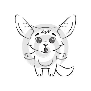 Black and white illustration of amazed fennec fox with paws spreading wide