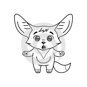 Black and white illustration of amazed fennec fox with paws spreading wide