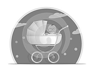 Black and white illustration baby stroller for boys, Isolated on white background. Cartoon pram illustrated. Trendy