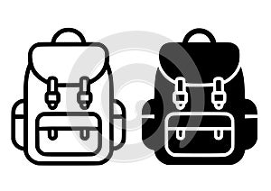 Backpack illustration icon, black and white, outline and silhouette