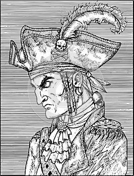 Black and white illustration of brave pirate captain, portrait and close up