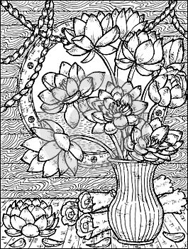 Black and white illustration with bunch of lotus flowers on the table in the berth against the illuminator and ropes
