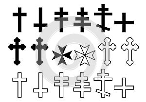 Black and white illustration of Christian Cross Orthodox Church, Lorraine, Maltese and Greek, vector