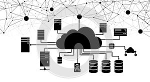 Black and white illustration of a cloud computing concept. A central cloud icon