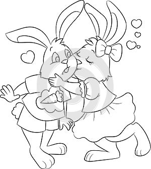 Black and white illustration of a couple of rabbits kissing, with hearts in the air, for children`s coloring book, Valentine`