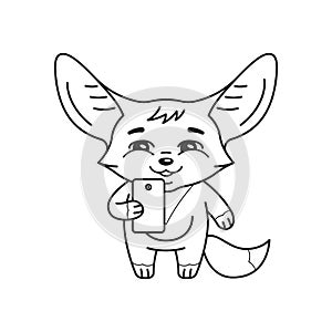 Black and white illustration of cute fennec fox with smile who speaking or making selfie on smartphone