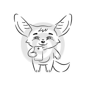 Black and white illustration of cute fennec fox  with smile who speaking or making selfie on smartphone