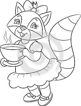 Black and white illustration of a cute little girl raccoon, beautifully dressed, drinking tea, for children`s coloring book photo