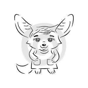 Black and white illustration of cute stylish dressed female fennec fox