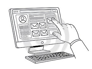 Hand interacting with computer interface isolated on white background