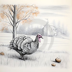 Black and White illustration, drawing, turkey in a field, around a tree, valley. Turkey as the main dish of thanksgiving for the