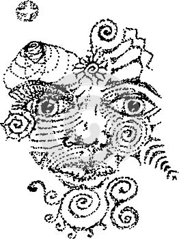 Black and white illustration with the face of the Shamna, the spirit of the forest in the style of dotwork.