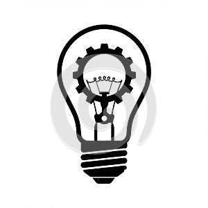 A black and white illustration features a light bulb with a gear inside it, symbolizing the