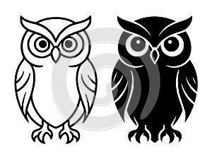 Owl illustration, black and white, outline and silhouette versions