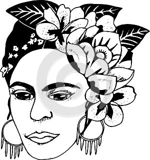 Black and white illustration fhalo khalo. Illustration of flowers and artistic woman photo