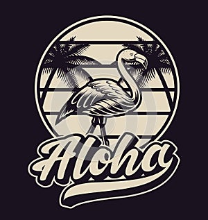 Black and white illustration with flamingo in vintage style.
