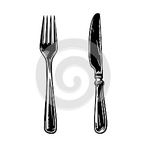 Black and white illustration of fork and knife.