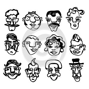 A black & white illustration of funny faces