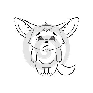 Black and white illustration of a funny fennec fox  looks with sadness