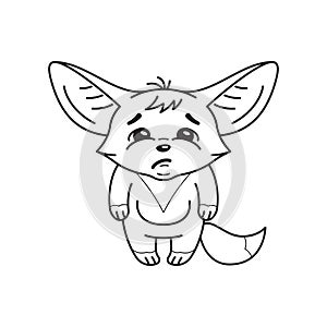 Black and white illustration of a funny fennec fox  who looks with sadness