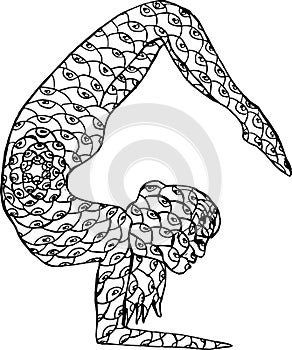 Black white illustration of a girl doing yoga. Psychedelic eye ornament.