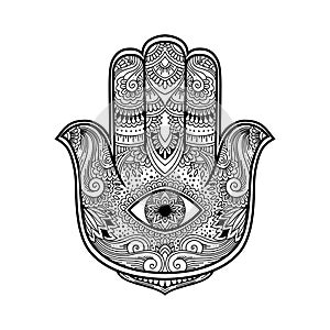 Black and white illustration of a hamsa hand symbol. Hand of Fatima religious sign with all seeing eye. Vintage boho style. Vector