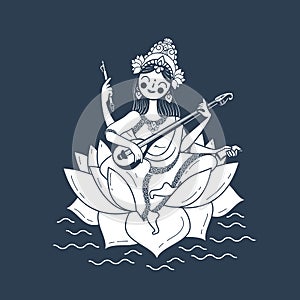 Black and white illustration Happy Vasant Panchami Saraswati