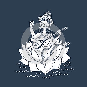 Black and white illustration Happy Vasant Panchami Saraswati