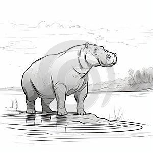 Hippo Walking In Water: Scientific Illustration With Strong Facial Expression photo