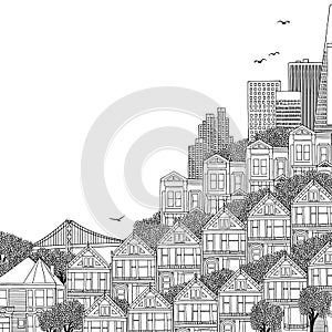 Black and white illustration of houses in San Francisco