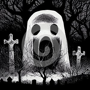 Black and white illustration. Huge white hungry ghost, spooky graveyard. Horror